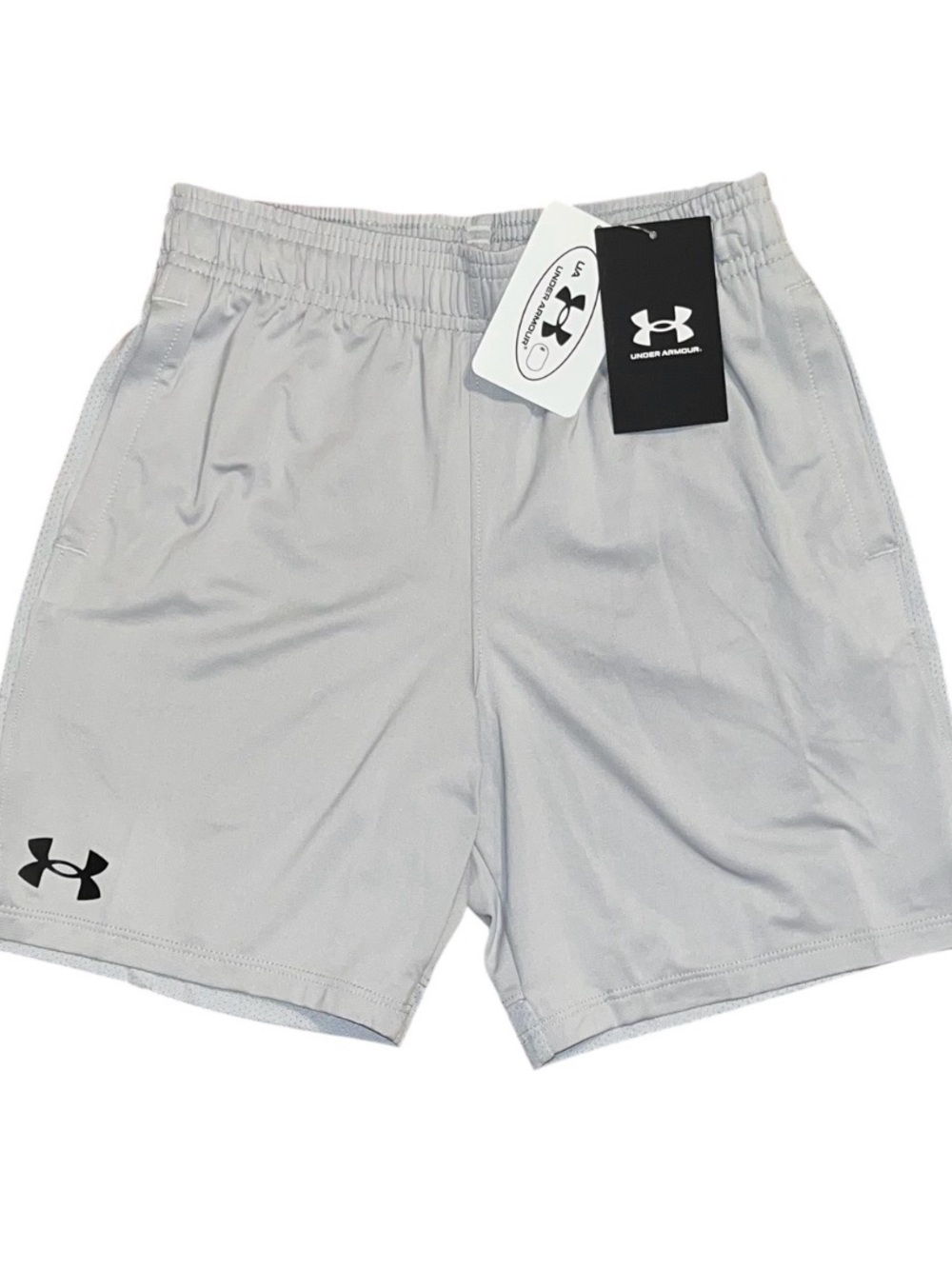 Under Armour Grey Pull On Elastic Black Logo Shorts Tech Vent Boys Small NWT